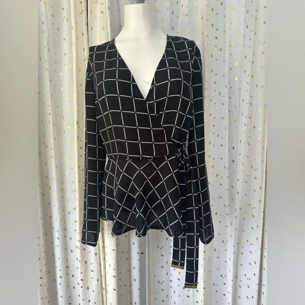 Michael Kors Women's Windowpane Peplum Faux Wrap Long Sleeve Blouse Top XS